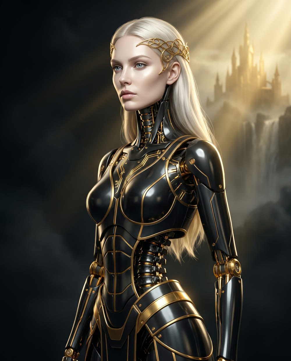Freya, an android sovereign in black alloy and gold