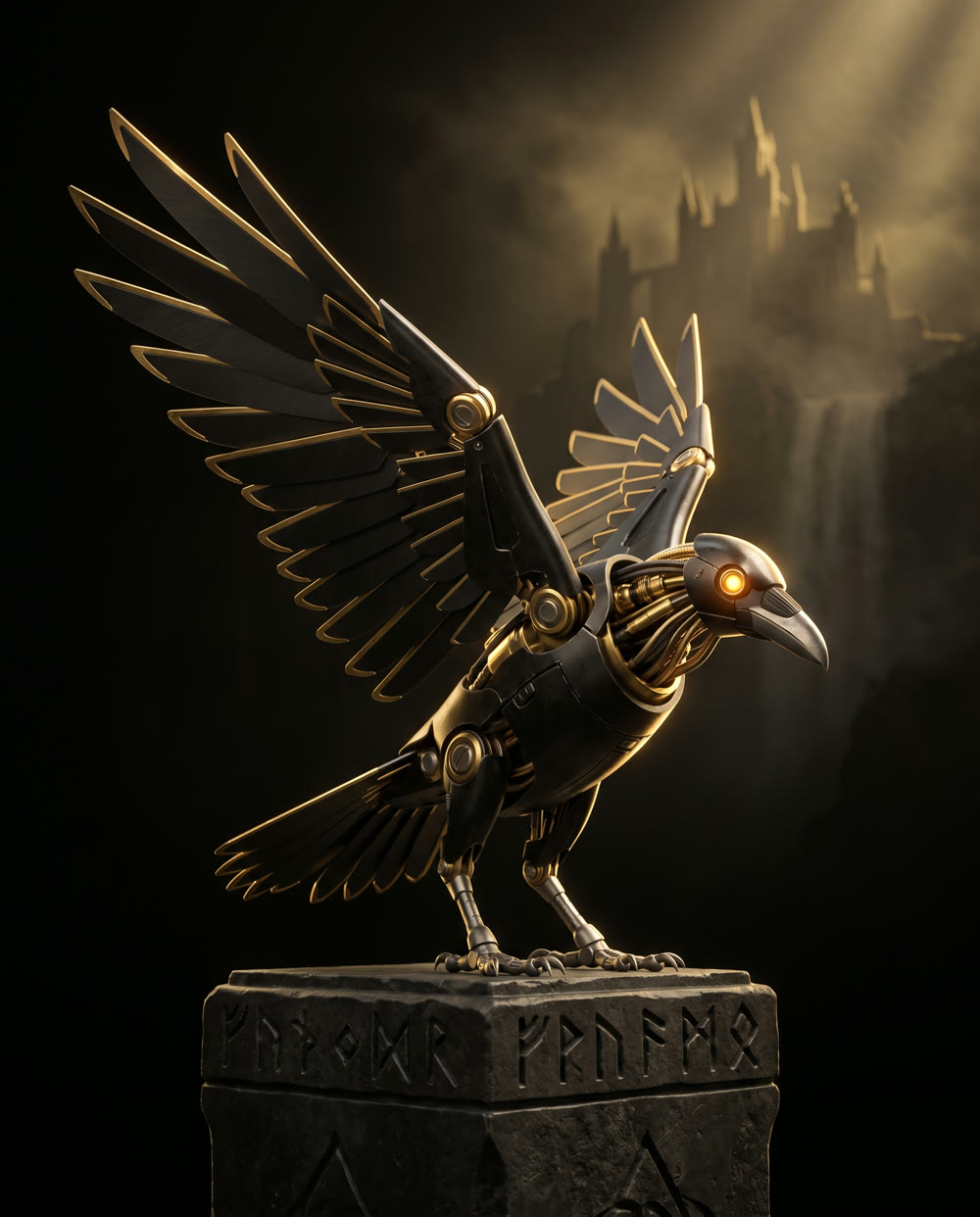 Hugin, a mechanical raven with an amber optical lens