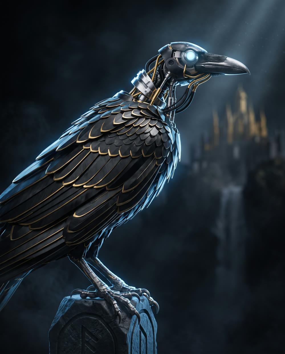Munin, a mechanical raven with a pale blue optical lens