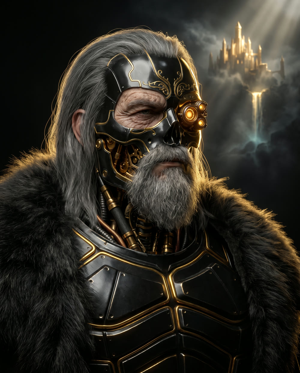 Odin, most of his head machined black alloy with an amber lens array