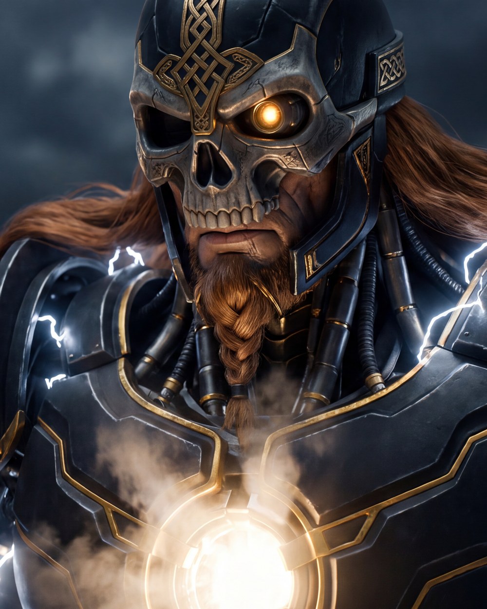 Thor, half his face machined, a power core burning in his chest